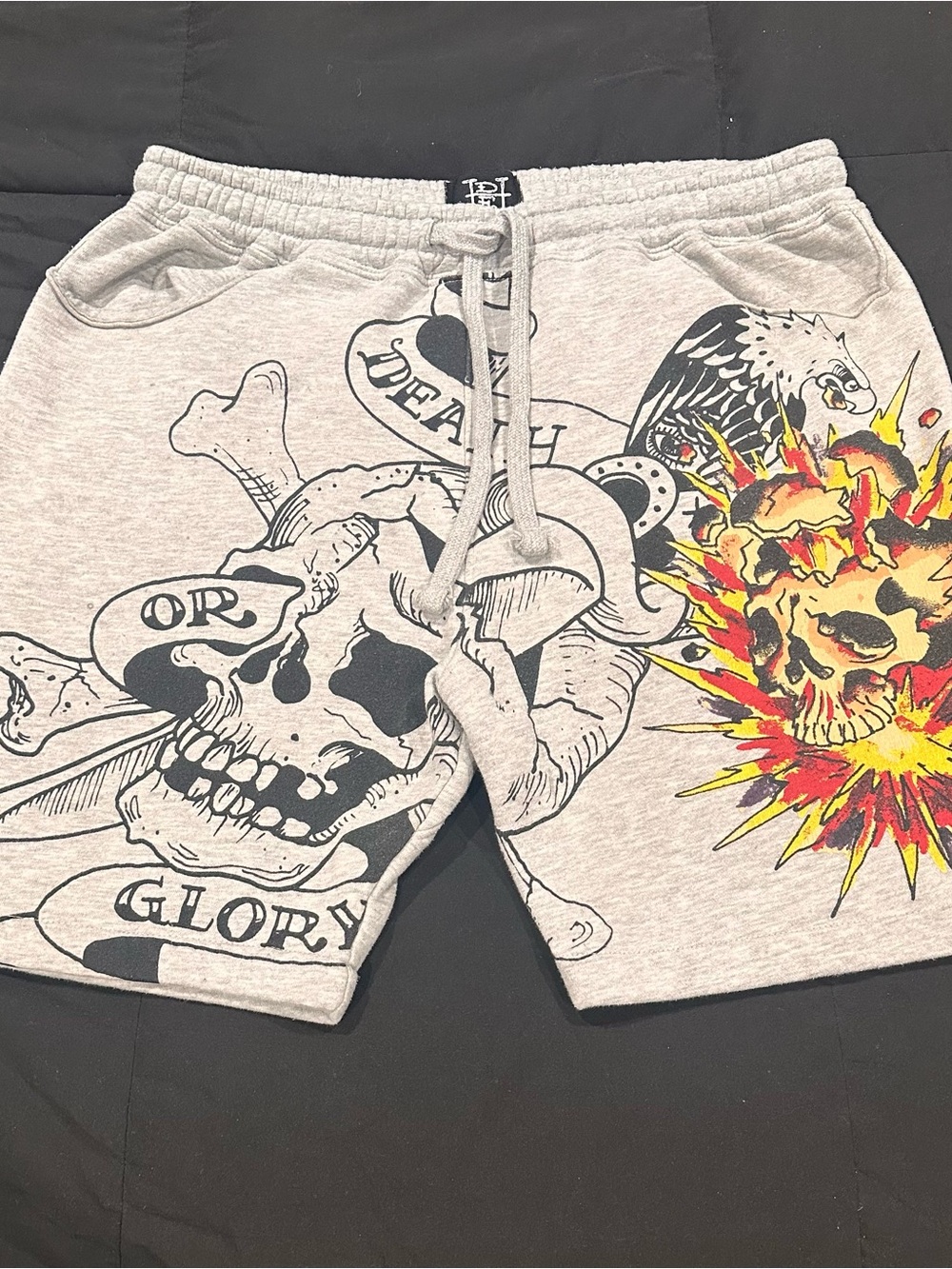 Ed Hardy Grey Shorts with Red & Yellow Explosion Skull Graphic